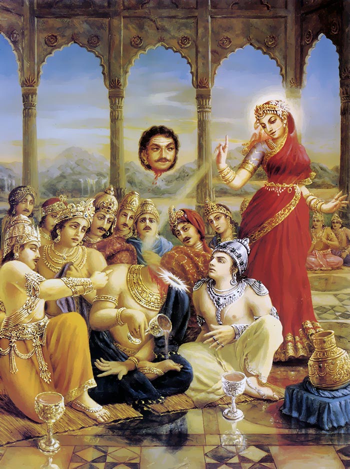 मोहिनी अवतार में <b>भगवान श्री हरि</b> विष्णु द्वारा अपने सुदर्शन चक्र से अमृत पान करने वाले राहु का मस्तक काटना।