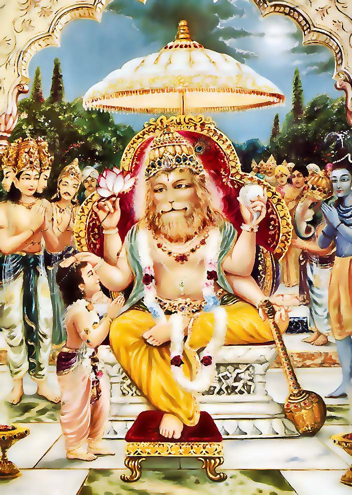 भगवान् विष्णु के अवतार नरसिंह द्वारा प्रह्लाद को आशिष् प्रदान करना तथा समस्त देवताओं का स्तवन