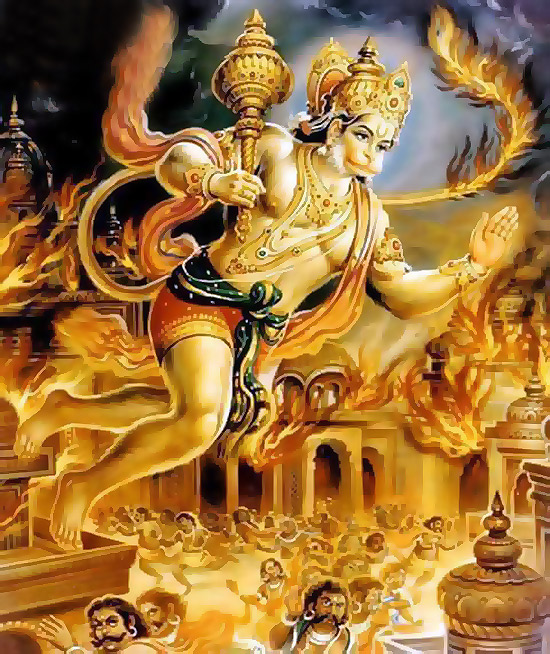 <b>हनुमान</b>, रावण की सोने की लंका को जलाते हुए।