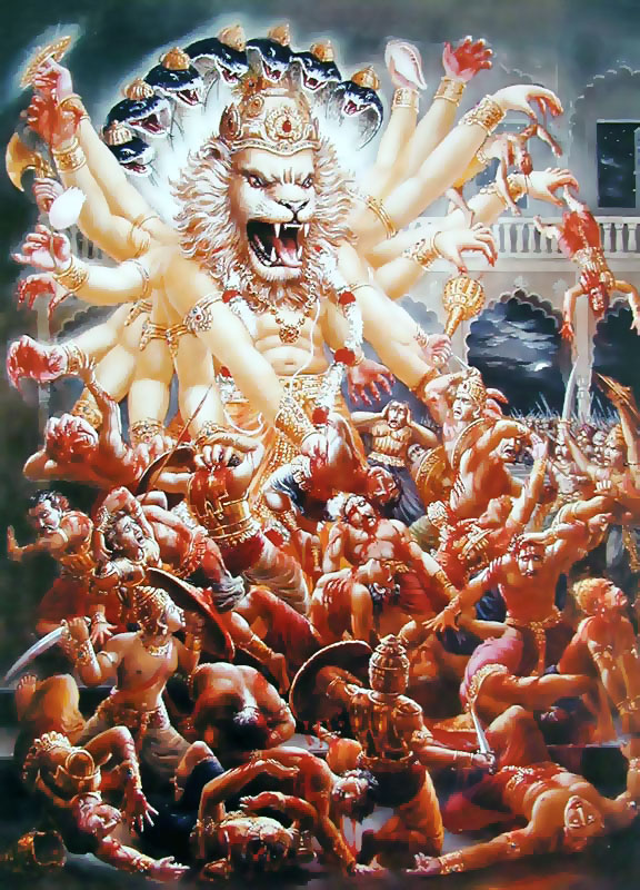 नृसिंह भगवान्, दैत्य पति हिरण्यकशिपु के शूर-वीर गणों का वध करते हुए